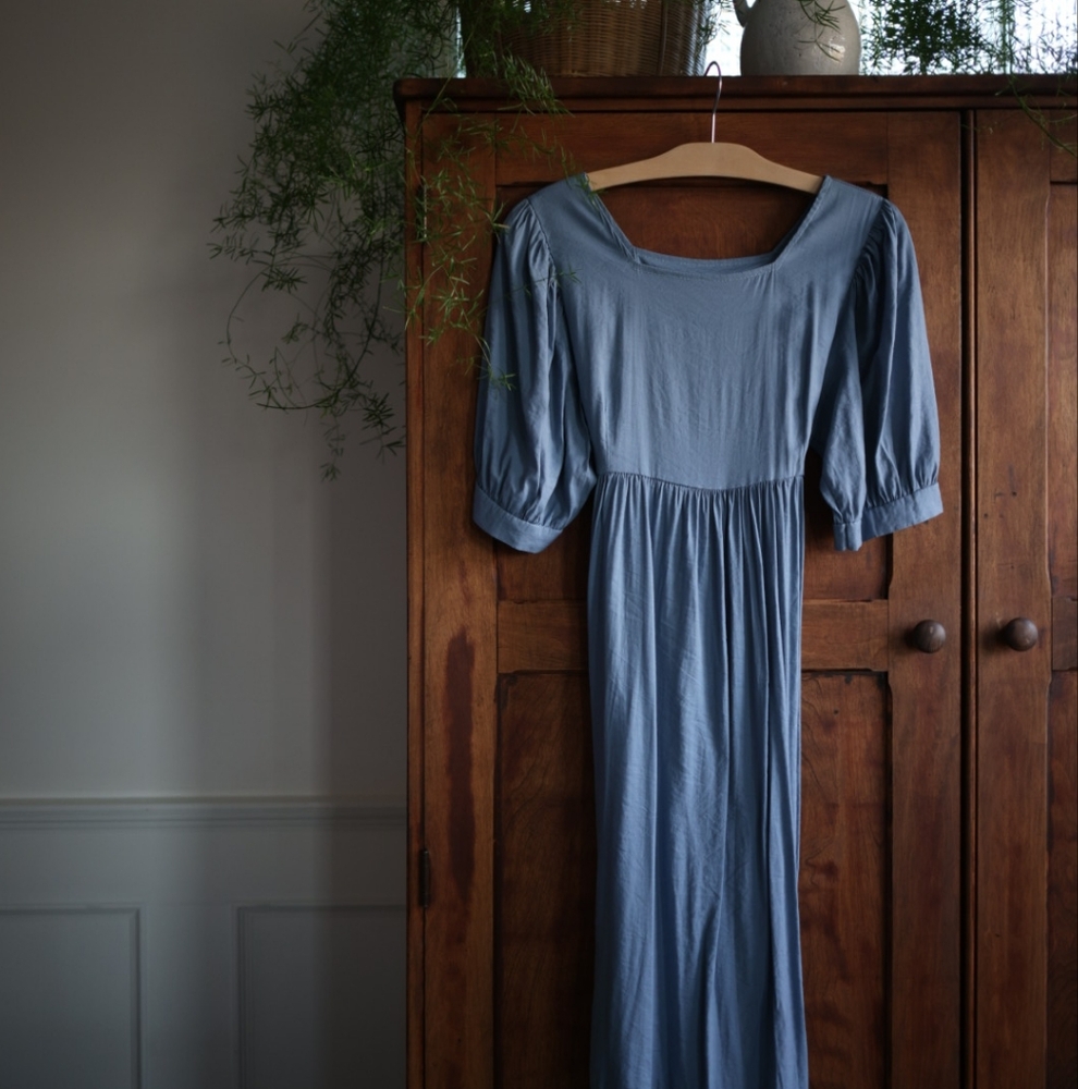 No-Tag French Blue Midi Dress – Soft Fabric, Puff Sleeves, Cottagecore Charm